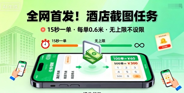 全网首发！酒店截图任务，15秒一单，每单0.6米，任务无上限不设限，矩阵操作单日3张到手【揭秘】-沐风资源库