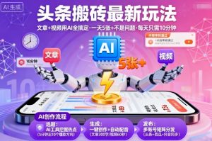 头条搬砖最新玩法,文章+视频用AI全搞定,一天5张+不是问题,每天只需10分钟-沐风资源库
