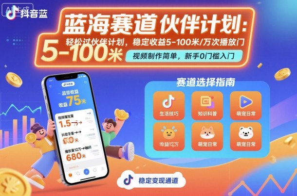 抖音蓝海赛道，轻松过伙伴计划，视频制作简单，万次播放收益在5-100米，稳定收益-沐风资源库