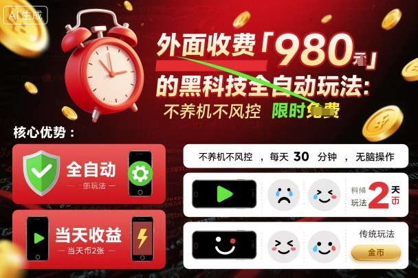 外面收费980的黑科技全自动玩法，不养机不风控，每天30分钟，无脑操作，当天收益2张【揭秘】-沐风资源库
