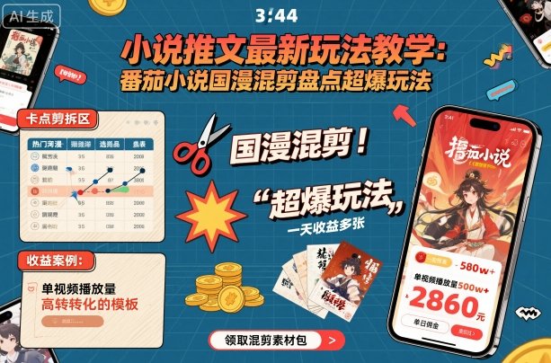 小说推文最新玩法教学，番茄小说国漫混剪盘点超爆玩法，全程干货，一天收益多张-沐风资源库