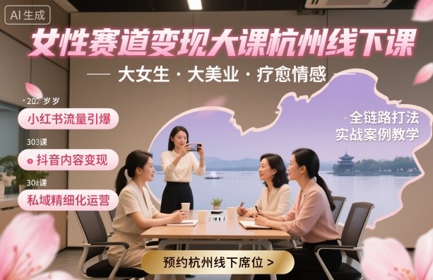 女性赛道变现大课杭州线下，大女生，大美业，疗愈情感，一套小红书、抖音、私域全链路打法-沐风资源库