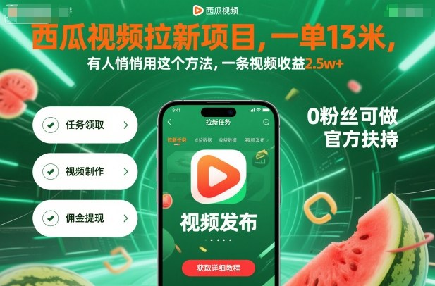 西瓜视频拉新项目，一单13米，有人悄悄用这个方法，一条视频收益2.5w+（附详细教程）-沐风资源库