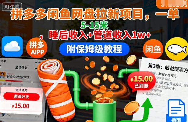 拼多多闲鱼网盘拉新项目，一单5-15米，睡后收入+管道收入1w+（附保姆级教程）-沐风资源库