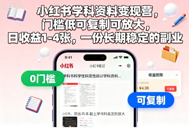 小红书学科资料变现营，门槛低可复制可放大，日收益1-4张，一份长期稳定的副业-沐风资源库