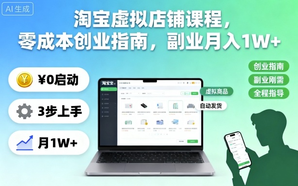 淘宝虚拟店铺课程，零成本创业指南，副业月入1W+-沐风资源库