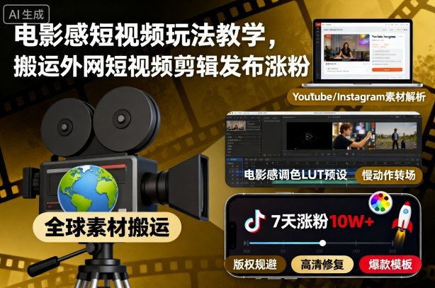 电影感短视频玩法教学，搬运外网短视频剪辑发布涨粉-沐风资源库