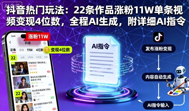 抖音热门玩法：22条作品涨粉11W单条视频变现4位数，全程AI生成，附详细AI指令-沐风资源库