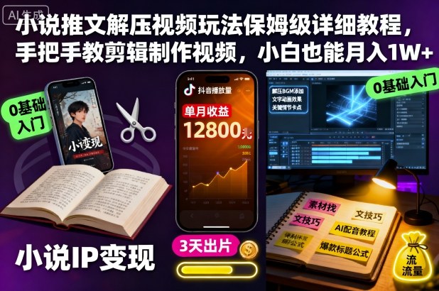 小说推文解压视频玩法保姆级详细教程，手把手教剪辑制作视频，小白也能月入1W+-沐风资源库
