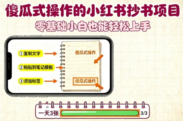傻瓜式操作的小红书抄书项目，会复制粘贴就行，零基础小白也能一天3张-沐风资源库