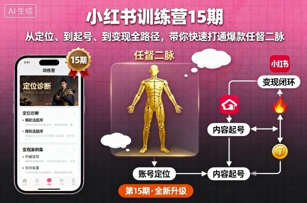 小红书训练营15期，从定位、到起号、到变现全路径，带你快速打通爆款任督二脉-沐风资源库
