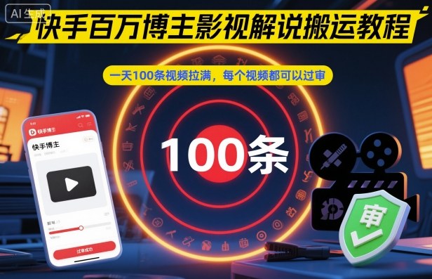 快手百万博主影视解说搬运教程，一天100条视频拉满，每个视频都可以过审-沐风资源库