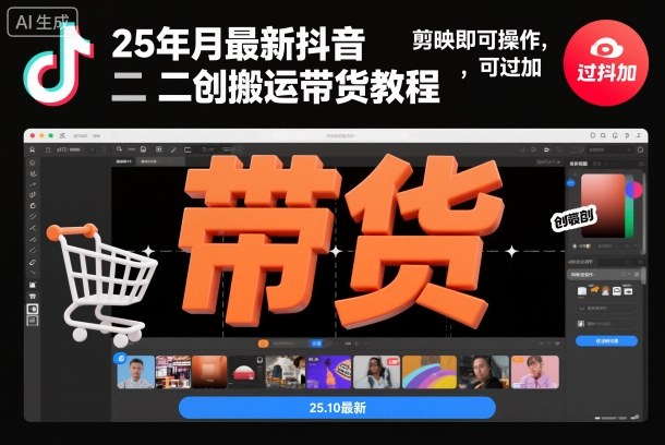 25年10月最新抖音二创搬运带货教程，剪映即可操作，可过抖加-沐风资源库