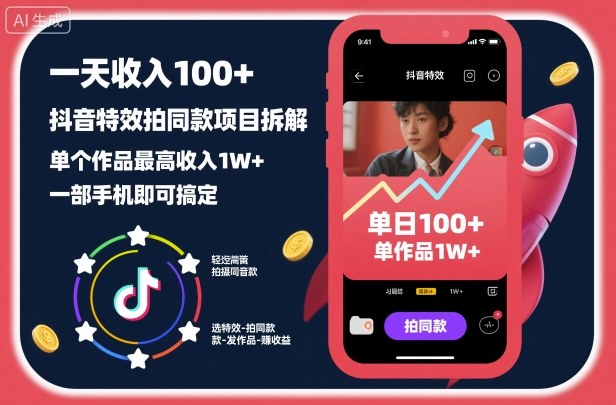 一天收入100+，抖音特效拍同款项目拆解，单个作品最高收入1W+，一部手机即可搞定-沐风资源库