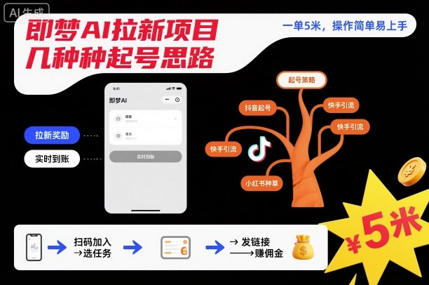 即梦AI拉新项目几种起号思路，一单5米，操作简单易上手-沐风资源库