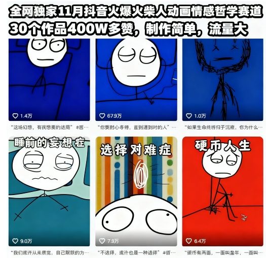 全网独家11月抖音火爆火柴人动画情感哲学赛道，30个作品400W多赞，制作简单，流量大【教学+素材】-沐风资源库