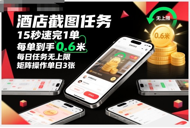 酒店截图任务，15秒速完1单，每单到手0.6米，每日任务无上限，全网首发玩法，矩阵操作单日3张【揭秘】-沐风资源库