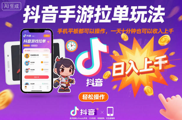 抖音手游拉单玩法，手机平板都可以操作，一天十分钟也可以收入上K【揭秘】-沐风资源库