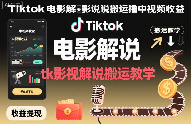 Tiktok电影解说搬运撸中视频收益，tk影视解说搬运教学-沐风资源库