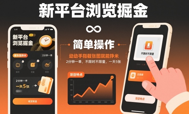 新平台浏览掘金，动动手指截张图就能挣米，2分钟一单，不限时不限量，一天5张【揭秘】-沐风资源库