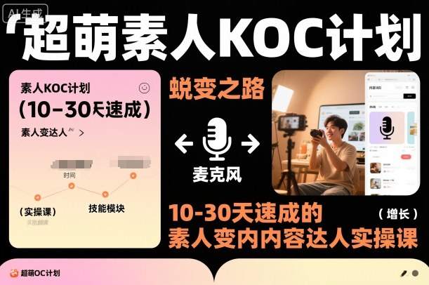 超萌素人KOC计划，10-30天速成的素人变内容达人实操课，适合想做短剧小说推文电商推广的素人入局-沐风资源库