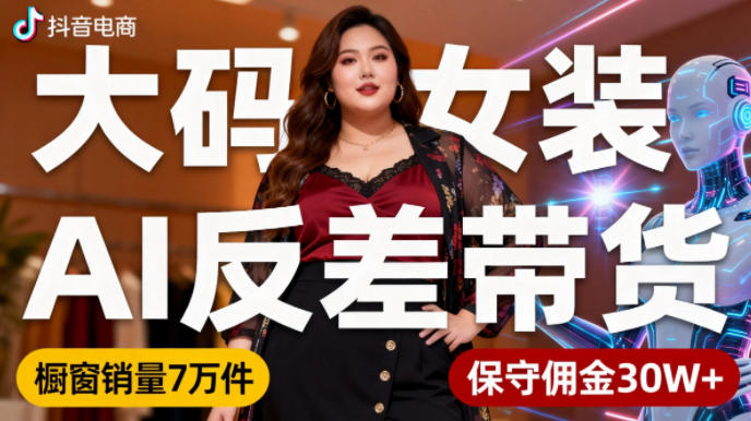 抖音小众赛道，大码女装AI反差带货，不用直播，每天6条作品，橱窗卖7万件，保守佣金30W+-沐风资源库