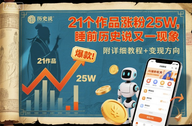 21个作品涨粉25W，睡前历史说又一现象级AI内容大爆款来啦，附详细教程+变现方向-沐风资源库
