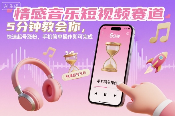 情感音乐短视频赛道，5分钟教会你，快速起号涨粉，手机简单操作即可完成-沐风资源库