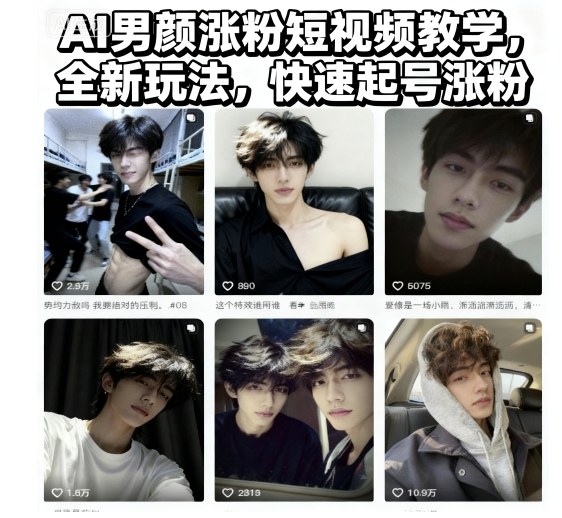 AI男颜涨粉短视频教学，全新玩法，快速起号涨粉-沐风资源库