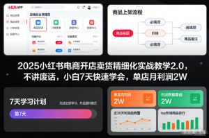 2025小红书电商开店卖货精细化实战教学2.0，不讲废话，小白7天快速学会，单店月利润2W-沐风资源库