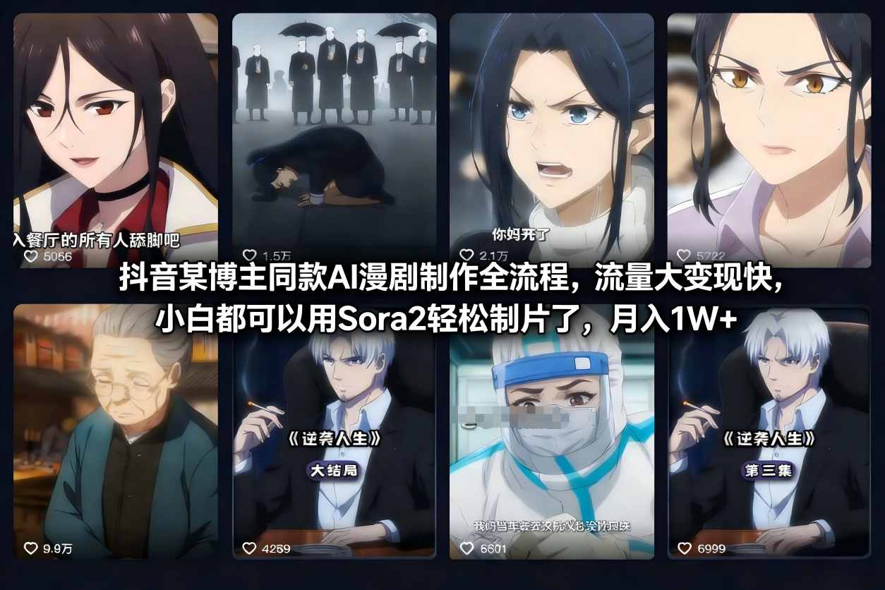 抖音某博主同款AI漫剧制作全流程,流量大变现快,小白都可以用Sora2轻松制片了,月入1W+-沐风资源库