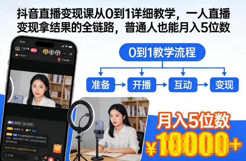 抖音直播变现课从0到1详细教学，一人直播变现拿结果的全链路，普通人也能月入5位数-沐风资源库