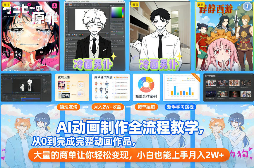 AI动画制作全流程教学，从0到完成完整动画作品，大量的商单让你轻松变现，小白也能上手月入2W+-沐风资源库
