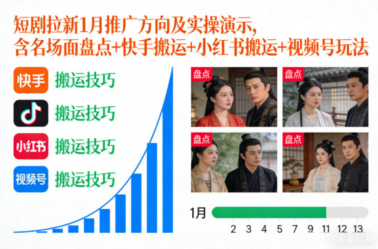 短剧拉新1月推广方向及实操演示，含名场面盘点+快手搬运+小红书搬运+视频号玩法-沐风资源库