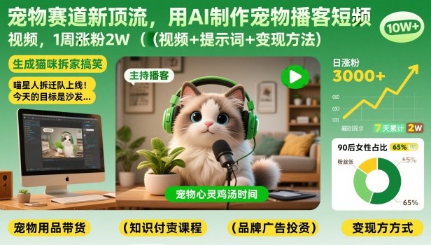 宠物赛道新顶流，用AI制作宠物播客短视频，1周涨粉2W（视频+提示词+变现方法）-沐风资源库