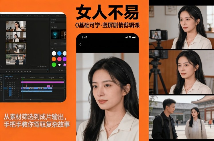 0基础可学！《女人不易》竖屏剧情剪辑课，从素材筛选到成片输出，手把手教你驾驭复杂故事-沐风资源库