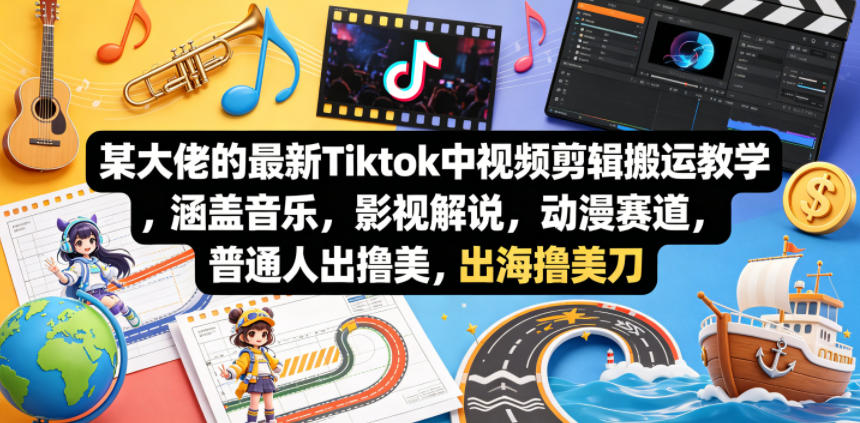 某大佬的最新Tiktok中视频剪辑搬运教学，涵盖音乐，影视解说，动漫赛道，普通人出海撸美刀-沐风资源库