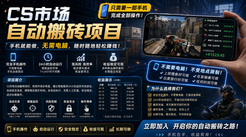 手机即可操作的CS市场自动搬砖系统｜自动监控｜自动下单|日入300+【揭秘】-沐风资源库