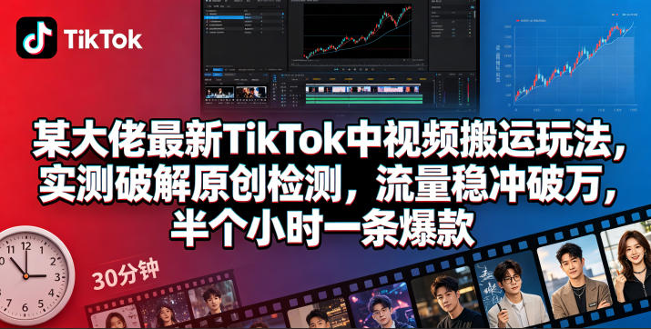 某大佬最新TikTok中视频搬运玩法，实测破解原创检测，流量稳冲破万，半个小时一条爆款-沐风资源库