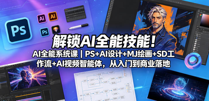 解锁AI全能技能！AI全能系统课｜PS+AI设计+MJ绘画+SD工作流+AI视频智能体，从入门到商业落地-沐风资源库