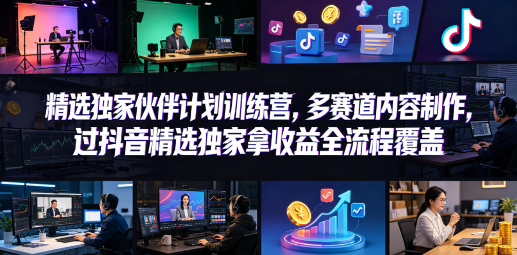 小豁食堂精选独家伙伴计划训练营，多赛道内容制作，过抖音精选独家拿收益全流程覆盖-沐风资源库