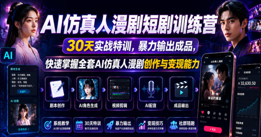 AI仿真人漫剧短剧训练营，30天实战特训，暴力输出成品，快速掌握全套AI仿真人漫剧创作与变现能力-沐风资源库