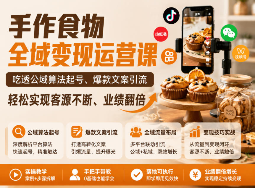 手作食物全域变现运营课，吃透公域算法起号、爆款文案引流，轻松实现客源不断、业绩翻倍-沐风资源库