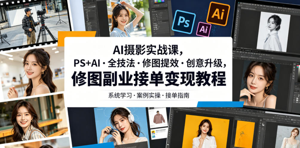 AI摄影实战课，PS+AI・全技法・修图提效・创意升级，修图副业接单变现教程-沐风资源库