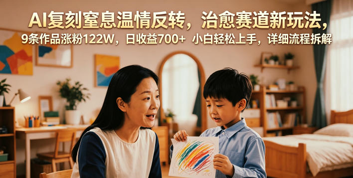 AI复刻窒息温情反转，治愈赛道新玩法，9条作品涨粉122W，日收益700+ 小白轻松上手，详细流程拆解-沐风资源库