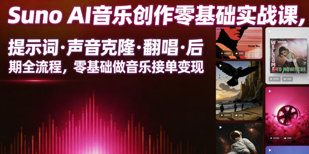 Suno AI音乐创作实战课，提示词・声音克隆・翻唱・后期全流程，零基础做音乐接单变现-沐风资源库