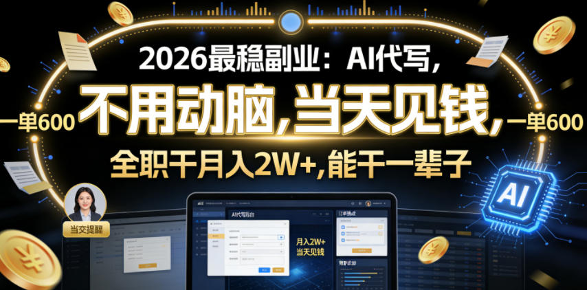 2026最稳副业：AI代写，不用动脑，当天见钱，一单600，全职干月入2W+，能干一辈子【揭秘】-沐风资源库