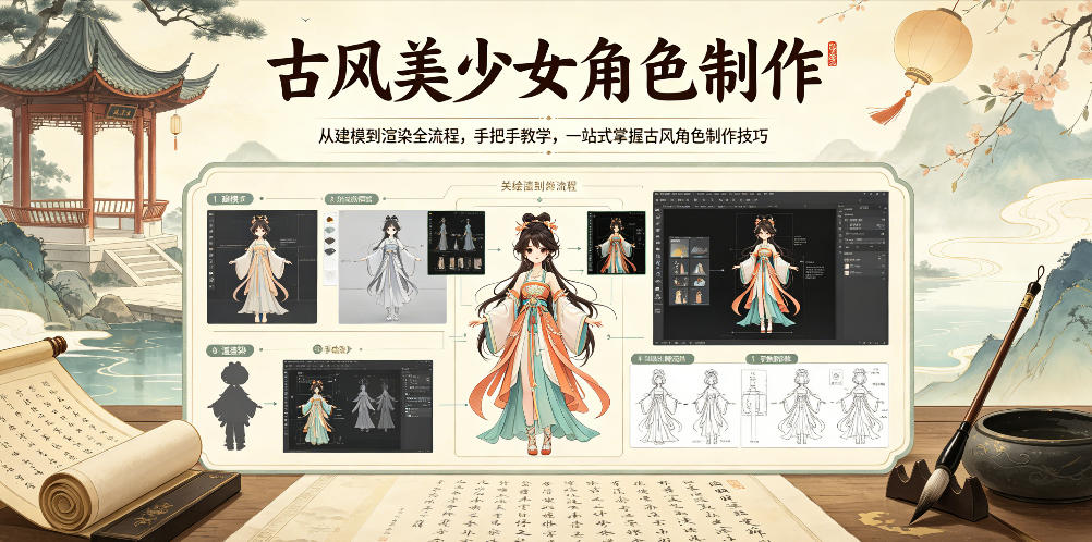 古风美少女角色制作，从建模到渲染全流程，手把手教学，一站式掌握古风角色制作技巧-沐风资源库