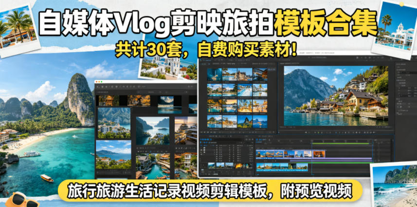 自媒体Vlog剪映旅拍模板合集，共计30套，自费购买素材！旅行旅游生活记录视频剪辑模板，附预览视频-沐风资源库