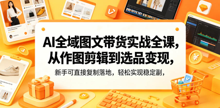 AI全域图文带货实战全课，从作图剪辑到选品变现，新手可直接复制落地，轻松实现稳定副业增收-沐风资源库
